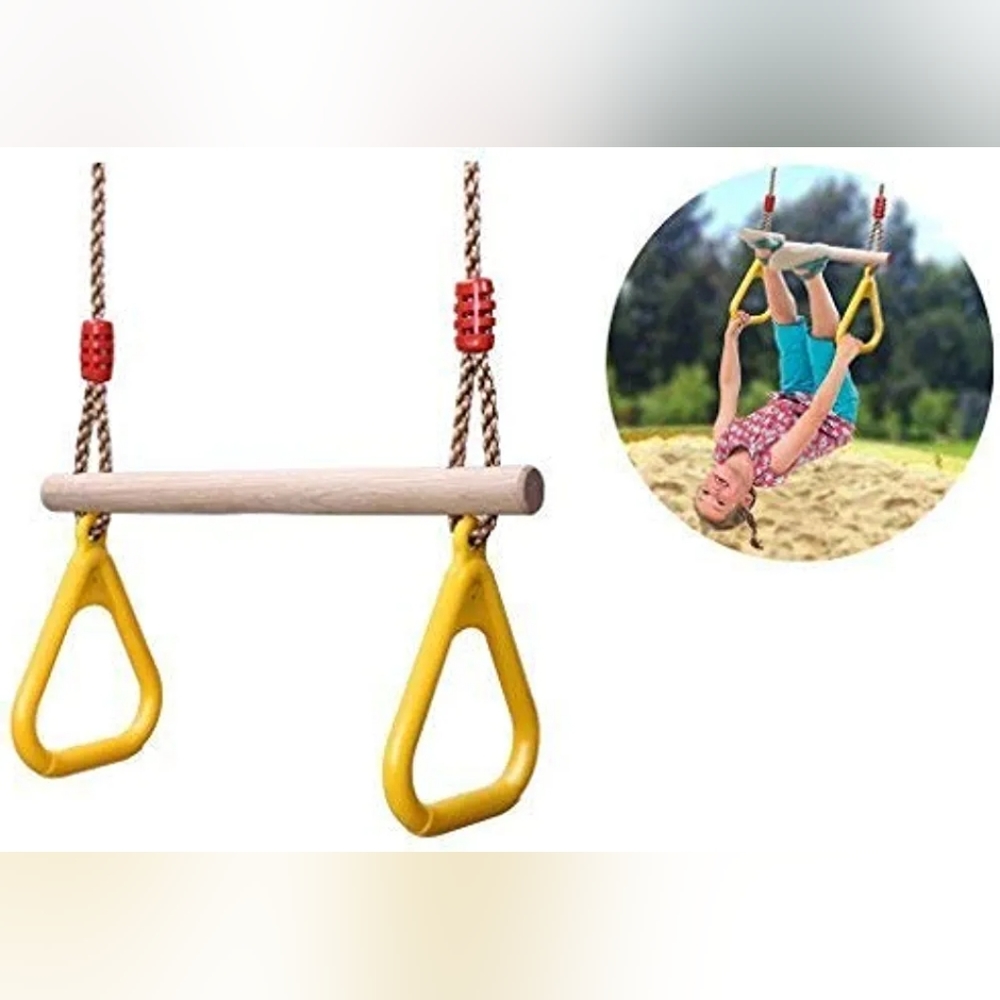 Wooden Trapeze Swing with Triangular Gym Rings for Kids multicolor to choose